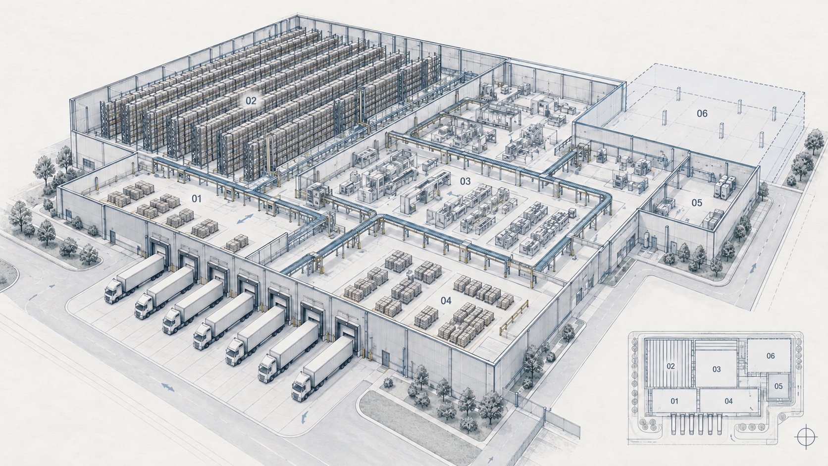 Concept master plan of an integrated factory and warehouse