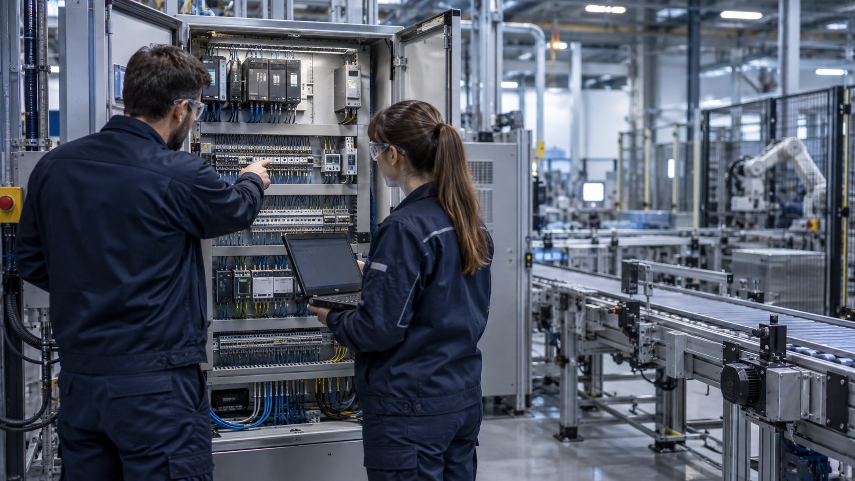 Illustrative engineers inspecting an automation control cabinet